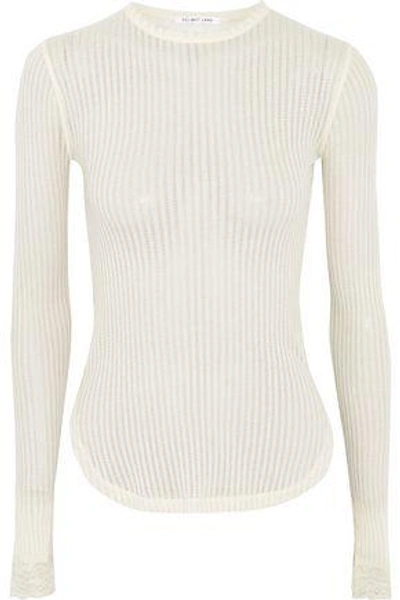 Helmut Lang Woman Lace-trimmed Ribbed Open-knit Cotton Top Ivory