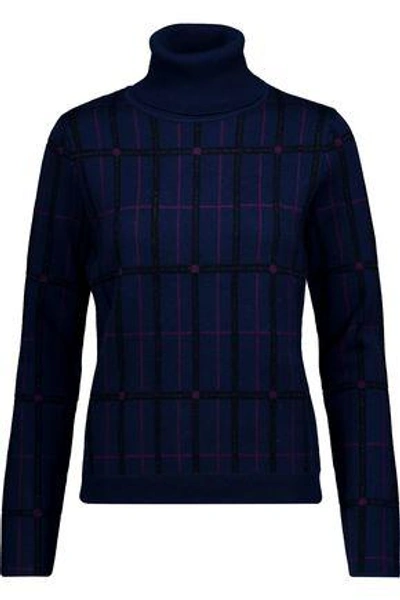 Carven Woman Metallic Checked Wool-blend Jacquard Turtleneck Sweater Midnight Blue