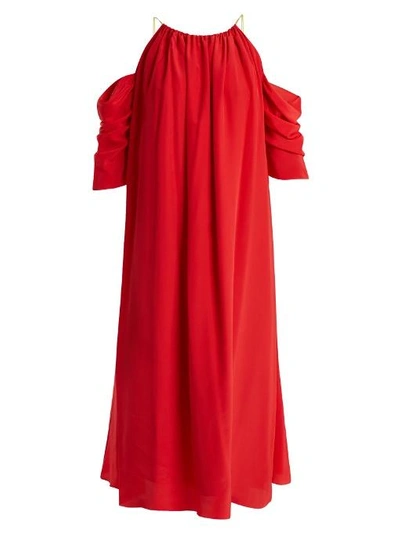 Anna October Red Open-shoulder Silk Blend Midi Dress