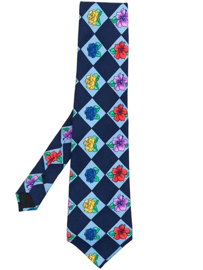 Pre-owned Versace 1990s Floral-print Silk Tie In Blue
