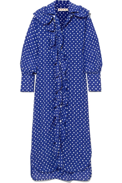 Marni Ruffled-placket Fleck-print Silk Shirtdress In Bluette