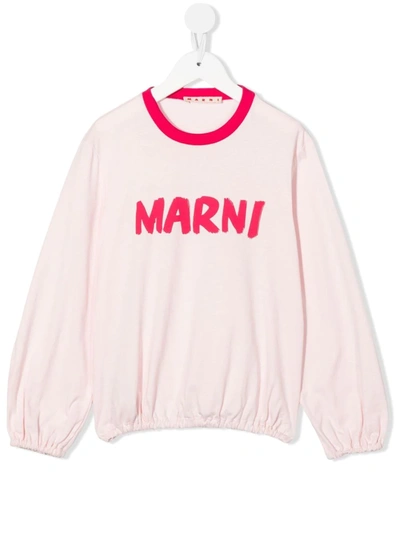 Marni T-shirt Rosa A Maniche Lunghe Con Logo Brush In Ballet Slipper
