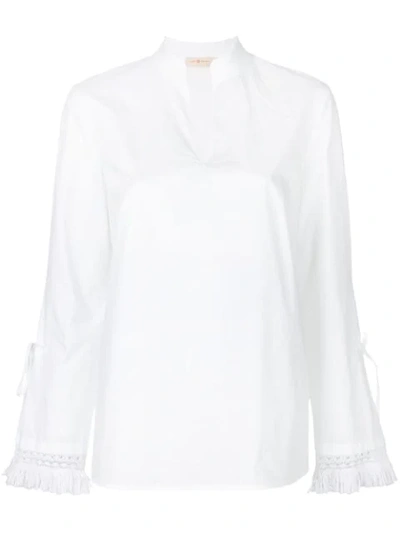 Tory Burch Sophie Fringed Crochet-trimmed Cotton-poplin Top In White