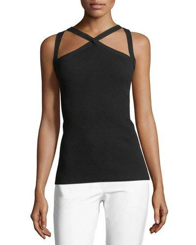 Michael Kors Cross-front Fitted Halter Top In Black