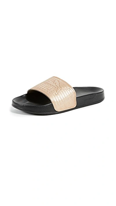 Puma Women's Leadcat Leather Slide Sandals, Brown - Size 10.5 In Gold/ Black