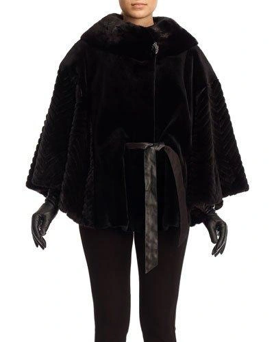 Gorski Belted Sheared Mink Poncho With Chevron Accents In Black