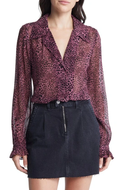 Paige Ellyn Leopard Print Button-up Silk Shirt In Plum Multi