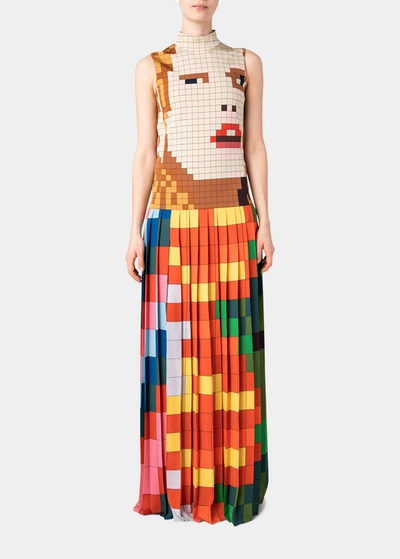 Akris Pleated Pixel Printed High-neck Gown In Multicolor