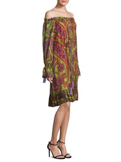 Etro Neon Psychedelic-print Dress W/ Tassels In Green