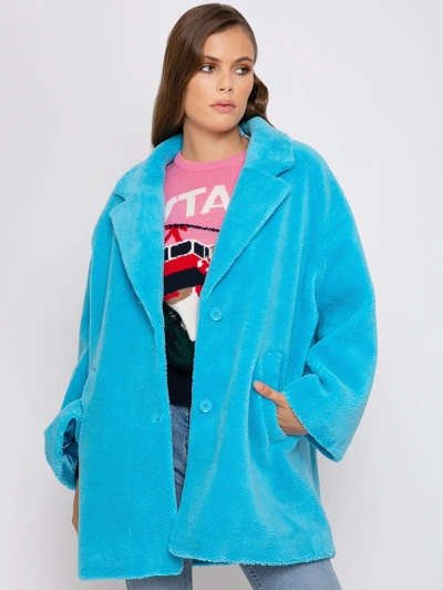 Mc2 Saint Barth Woman Coat Turquoise Teddy Fabric In Blue