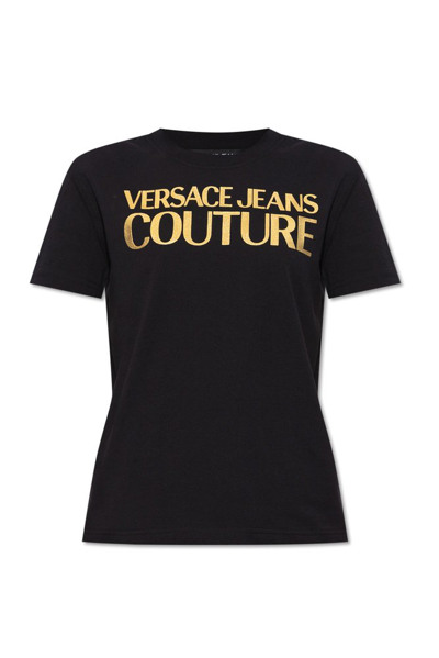 Versace Jeans Couture Logo Printed Crewneck T In Black+gold