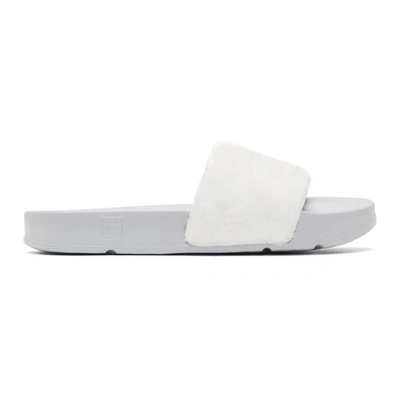 Baja East White And Grey Fila Edition Shearling Drifter Slides In 3207 Pearl/