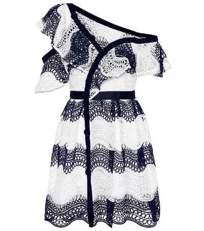 Self-portrait Wave Lace Frill One-shoulder Cocktail Mini Dress In  White,blue,stripes | ModeSens