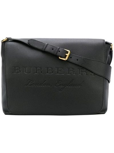 Burberry Large Embossed Leather Messenger Bag In Black