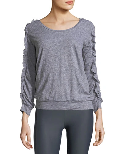 Lanston Ruffled Long-sleeve Scoop-neck Pullover Top In Gray