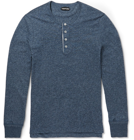 Tom Ford Slim-fit Mélange Cotton-jersey Henley T-shirt In Storm Blue ...
