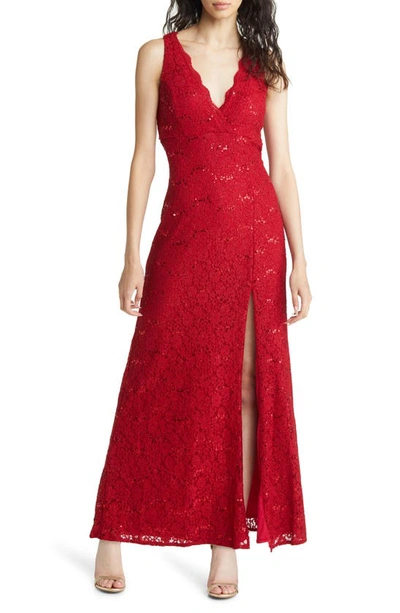 Nightway Sequin & Glitter Lace Gown In Red