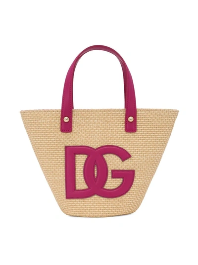 Dolce & Gabbana Kids' Leather-raffia Logo Tote Bag In Beige