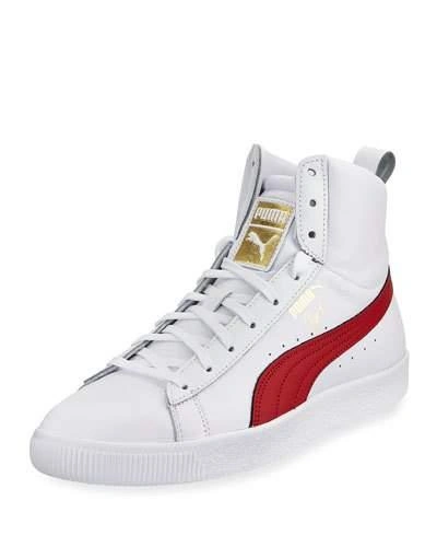 Puma Men's Clyde Mid Core High-top Leather Sneakers, White/red