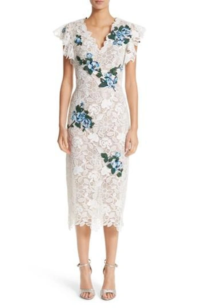 Monique Lhuillier Ruffle & Applique Lace Sheath Dress In Silk White Multi
