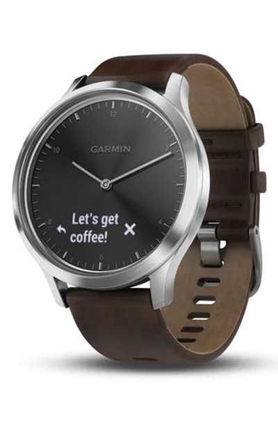 Garmin Vivomove Hr Premium Hybrid Brown Leather Strap Smartwatch, 43mm In Brown/ Black/ Silver
