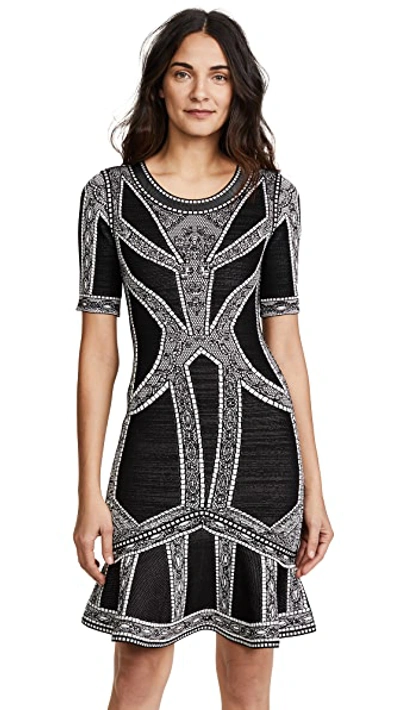 Herve Leger Round-neck Elbow-sleeve Fit-and-flare Jacquard Cocktail Dress In Black Combo