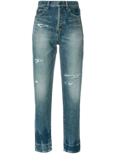 Saint Laurent Distressed Fitted Jeans In Blue