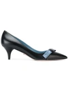 Prada Logo Bow-embellished Kitten-heel Leather Pumps In Black