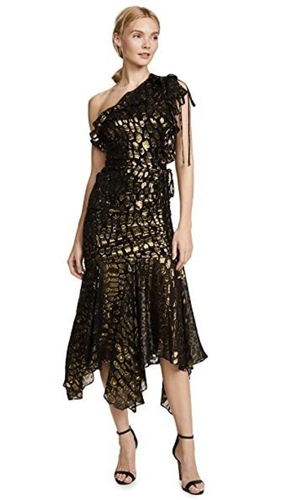 green emerald velvet dress Grycen One-Shoulder Jacquard Midi Dress in Gold Ochre main image 0