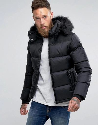 Schott Puffer Jacket Detachable Hood Faux Fur Trim Slim Fit In