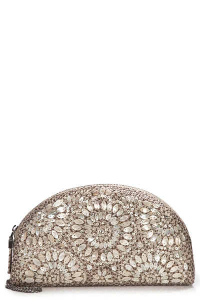 Eric Javits Sandra Embellished Half-moon Clutch Bag In Taupe Glow/silver