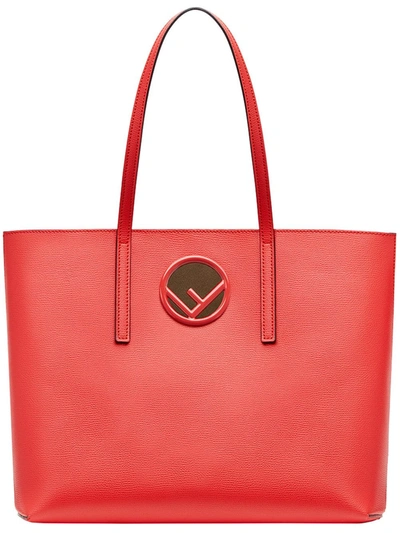 Fendi F Logo Calf Leather Shopping Tote Bag In Fiamma/ Taupe