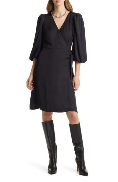 Halogen Everyday Three-quarter Sleeve Wrap Dress In Black
