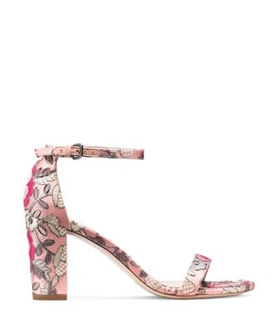 Stuart Weitzman The Nearlynude Sandal In Rose Pink Embroidered Fabric