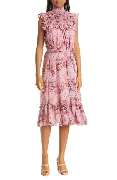 Likely Gio Floral Print Smocked Ruffle Chiffon Midi Dress In Peony/ Periwinkle