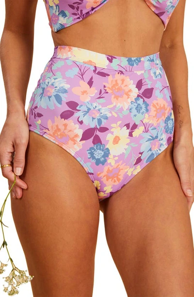 Billabong X The Salty Blonde Juniors' Halley's Garden High-waist Cheeky Bikini Bottoms In Purple