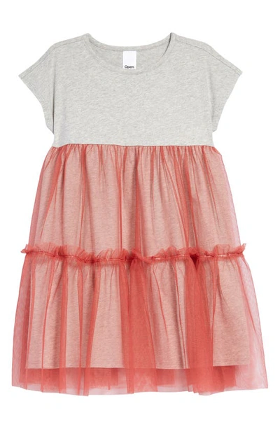Open Edit Kids' Tiered Mesh Overlay Dress In Grey Light Heather- Pink Cedar