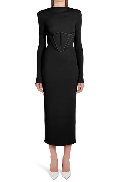 Versace Corset Detail Long Sleeve Jersey Midi Dress In Nero