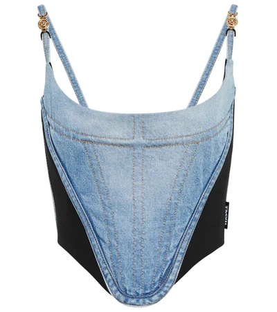 Versace Cropped Embellished Paneled Denim And Jersey Bustier Top In 2d240 Blue/black