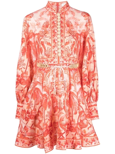 Zimmermann Lyre Bead-embellished Printed Linen Mini Dress In Red