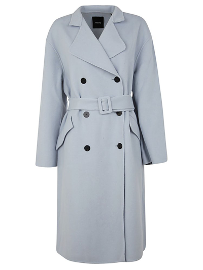 Theory Belted Double-breasted Wool And Cashmere-blend Coat In Blue
