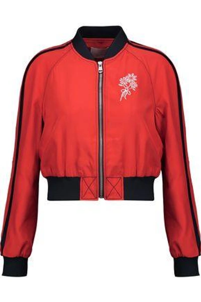 Cinq À Sept Woman Emerson Cropped Embroidered Silk-satin Bomber Jacket Red
