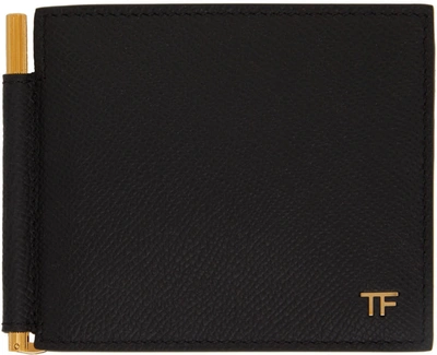 Tom Ford Black Bi-fold Wallet With Gold Banknote Clip And Internal Card Holder In Nero