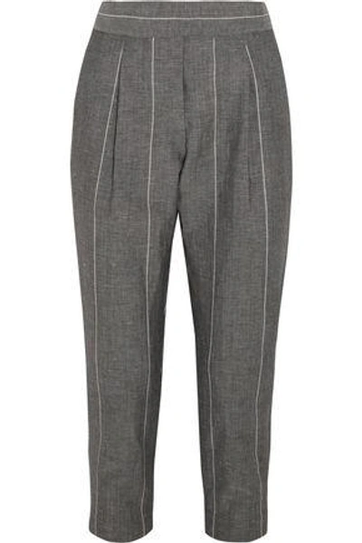 Brunello Cucinelli Woman Pinstriped Wool And Linen-blend Tapered Pants Gray