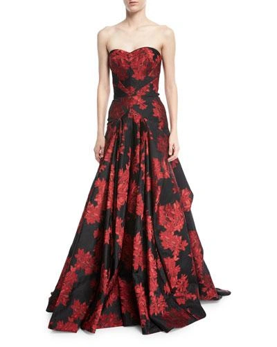 Zac Posen Strapless Floral-printed Evening Gown W/ Full Skirt In Red Pattern