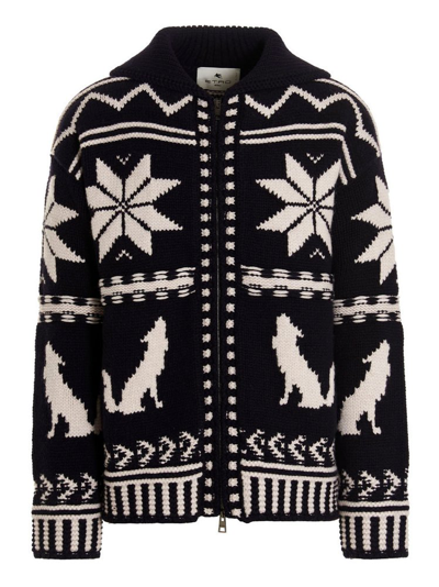 Etro Graphic Knitted Zip-up Jacket In Blue