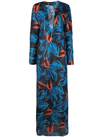 Louisa Ballou Print Cotton And Silk Long Caftan Dress In Night Blooming Orchid