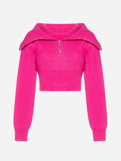 Jacquemus La Maille Risoul Wool Knit Crop Sweater In Pink