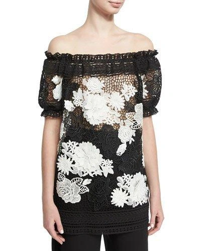 Naeem Khan Two-tone Off-the-shoulder Floral Lace Top, Black/white In Multi Pattern