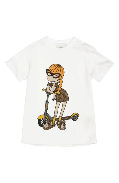 Fendi Kids' Girl's 'ff Girl With Scooter' Graphic T-shirt In Bianco